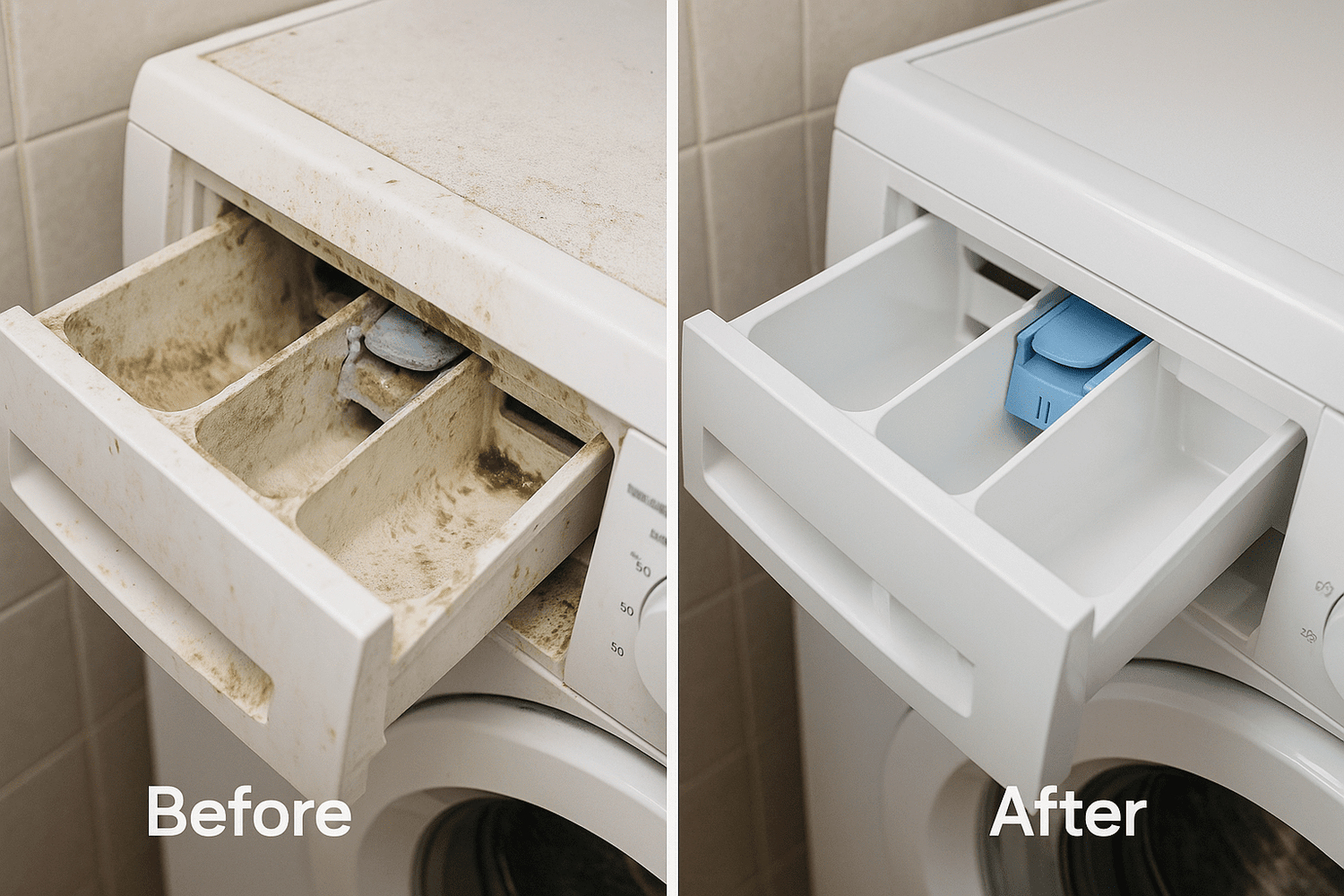 "Split-image comparison showing a washing machine detergent drawer. On the left side: the drawer is dirty, clogged with detergent residue and mold, looking grimy and neglected. On the right side: the same drawer is clean, shiny, and residue-free, labeled as 'After'. Include subtle text labels: 'Before' on the dirty side and 'After' on the clean side. Realistic photographic style, indoor laundry room setting, natural lighting."